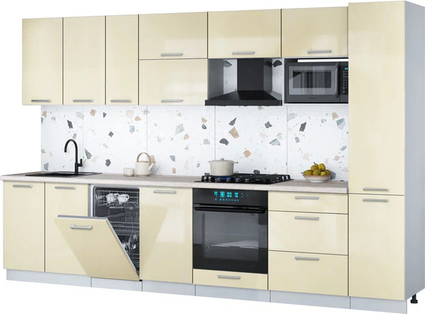 Изображение товара Кухонный гарнитур Интерлиния Мила Gloss 3.3-ПМ4 (ваниль глянец/ваниль глянец/травертин серый)