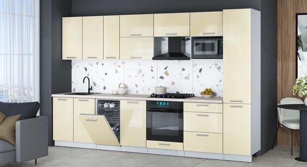 Изображение товара Кухонный гарнитур Интерлиния Мила Gloss 3.3-ПМ4 (ваниль глянец/ваниль глянец/травертин серый)