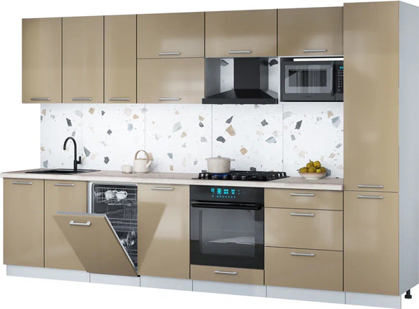 Изображение товара Кухонный гарнитур Интерлиния Мила Gloss 3.3-ПМ4 (капучино глянец/капучино глянец/бискайская сосна)