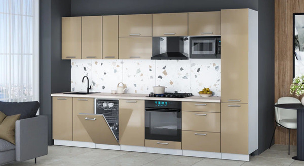 Изображение товара Кухонный гарнитур Интерлиния Мила Gloss 3.3-ПМ4 (капучино глянец/капучино глянец/бискайская сосна)