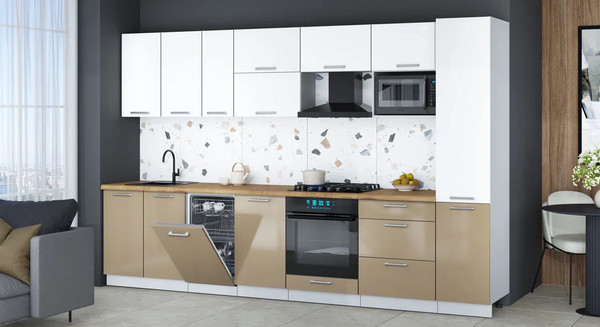 Изображение товара Кухонный гарнитур Интерлиния Мила Gloss 3.3-ПМ4 (капучино глянец/белый/дуб бунратти)