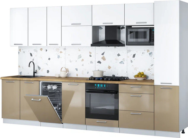 Изображение товара Кухонный гарнитур Интерлиния Мила Gloss 3.3-ПМ4 (капучино глянец/белый/дуб бунратти)