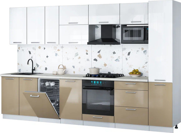 Изображение товара Кухонный гарнитур Интерлиния Мила Gloss 3.3-ПМ4 (капучино глянец/белый глянец/опал светлый)