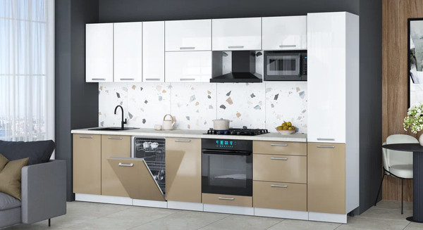 Изображение товара Кухонный гарнитур Интерлиния Мила Gloss 3.3-ПМ4 (капучино глянец/белый глянец/опал светлый)