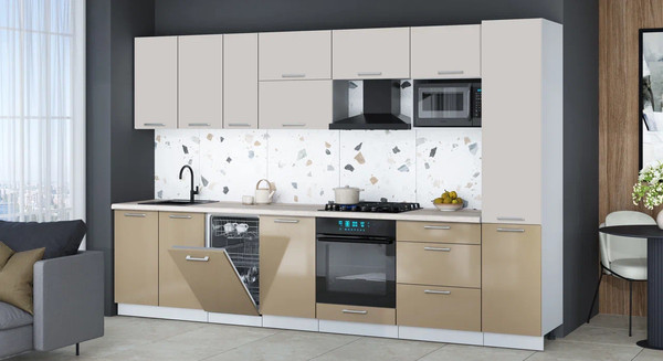 Изображение товара Кухонный гарнитур Интерлиния Мила Gloss 3.3-ПМ4 (капучино глянец/кашемир/травертин серый)