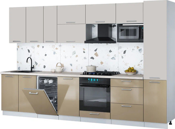 Изображение товара Кухонный гарнитур Интерлиния Мила Gloss 3.3-ПМ4 (капучино глянец/кашемир/травертин серый)