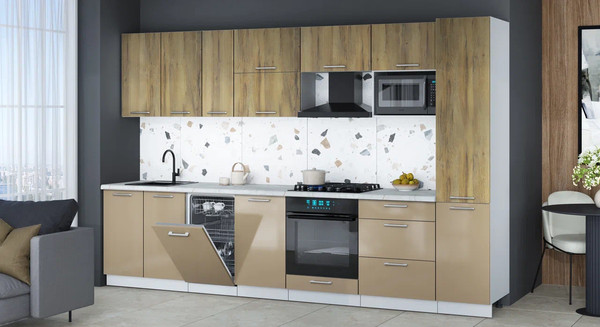 Изображение товара Кухонный гарнитур Интерлиния Мила Gloss 3.3-ПМ4 (капучино глянец/дуб вотан/серый каспий)