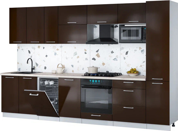 Изображение товара Кухонный гарнитур Интерлиния Мила Gloss 3.3-ПМ4 (шоколад глянец/шоколад глянец/бискайская сосна)