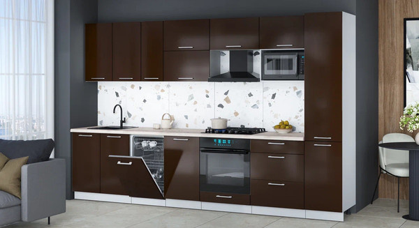 Изображение товара Кухонный гарнитур Интерлиния Мила Gloss 3.3-ПМ4 (шоколад глянец/шоколад глянец/бискайская сосна)