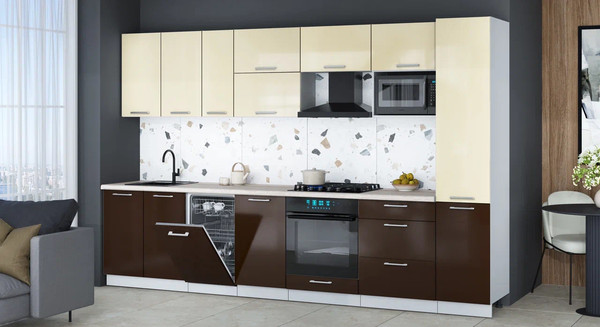 Изображение товара Кухонный гарнитур Интерлиния Мила Gloss 3.3-ПМ4 (шоколад глянец/ваниль глянец/травертин серый)