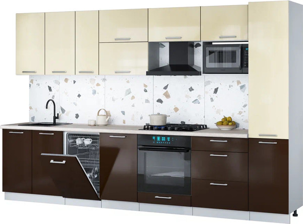 Изображение товара Кухонный гарнитур Интерлиния Мила Gloss 3.3-ПМ4 (шоколад глянец/ваниль глянец/травертин серый)