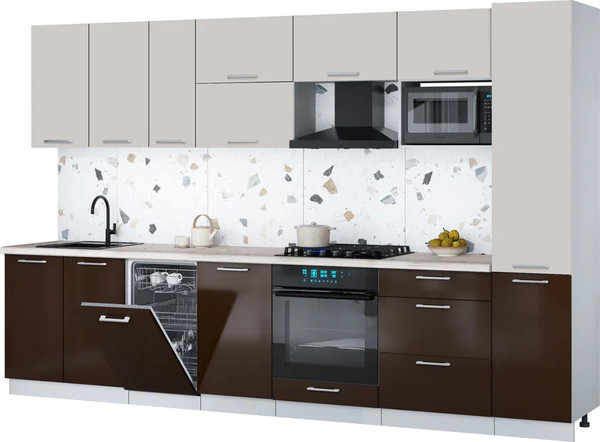 Изображение товара Кухонный гарнитур Интерлиния Мила Gloss 3.3-ПМ4 (шоколад глянец/кашемир/серый каспий)