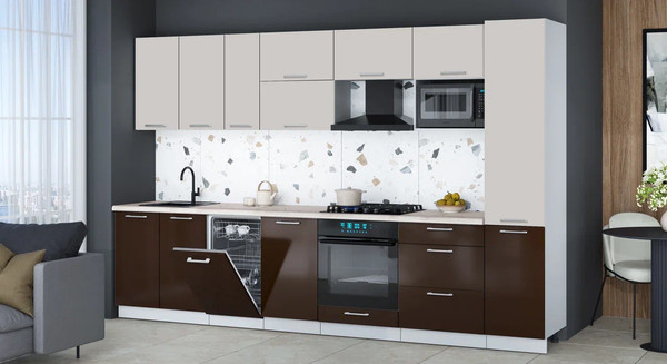 Изображение товара Кухонный гарнитур Интерлиния Мила Gloss 3.3-ПМ4 (шоколад глянец/кашемир/серый каспий)