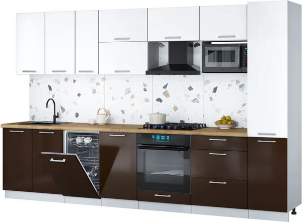 Изображение товара Кухонный гарнитур Интерлиния Мила Gloss 3.3-ПМ4 (шоколад глянец/белый/дуб бунратти)