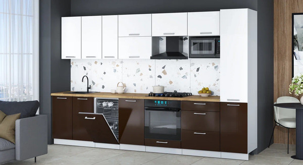 Изображение товара Кухонный гарнитур Интерлиния Мила Gloss 3.3-ПМ4 (шоколад глянец/белый/дуб бунратти)