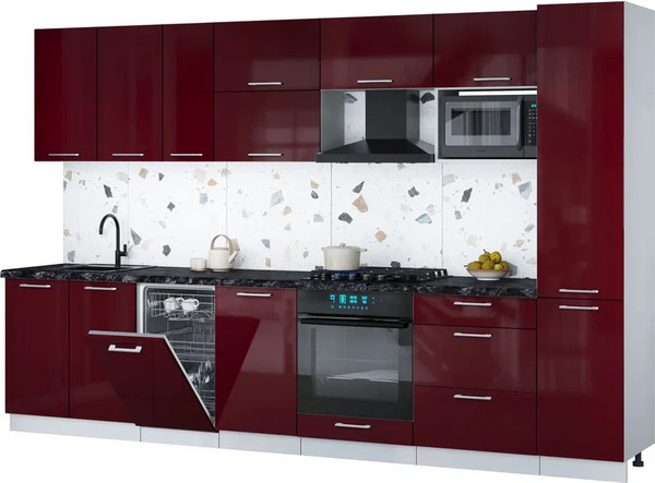 Изображение товара Кухонный гарнитур Интерлиния Мила Gloss 3.3-ПМ4 (бордовый глянец/бордовый глянец/кастилло темный)