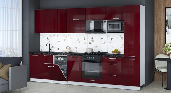 Изображение товара Кухонный гарнитур Интерлиния Мила Gloss 3.3-ПМ4 (бордовый глянец/бордовый глянец/кастилло темный)