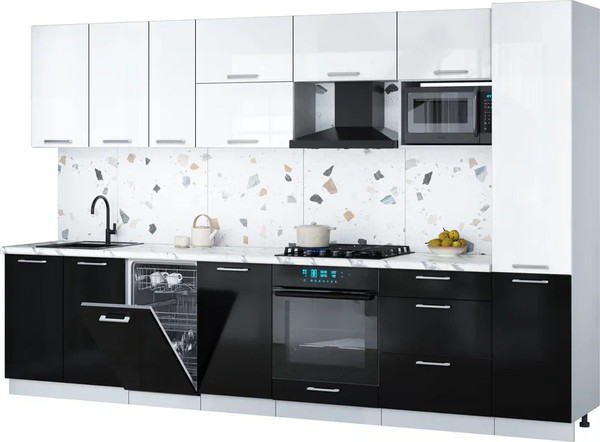 Изображение товара Кухонный гарнитур Интерлиния Мила Gloss 3.3-ПМ4 (черный глянец/белый глянец/белый гранит)