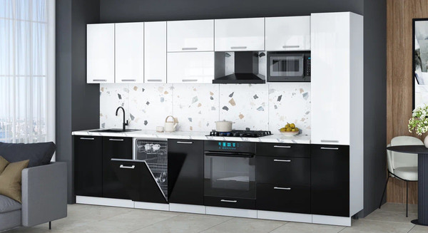 Изображение товара Кухонный гарнитур Интерлиния Мила Gloss 3.3-ПМ4 (черный глянец/белый глянец/белый гранит)