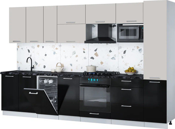 Изображение товара Кухонный гарнитур Интерлиния Мила Gloss 3.3-ПМ4 (черный глянец/кашемир/кастилло темный)