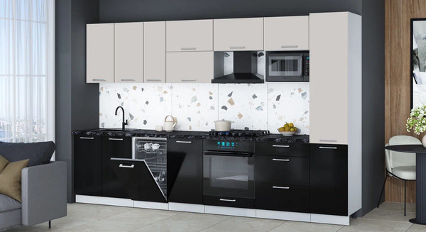 Изображение товара Кухонный гарнитур Интерлиния Мила Gloss 3.3-ПМ4 (черный глянец/кашемир/кастилло темный)