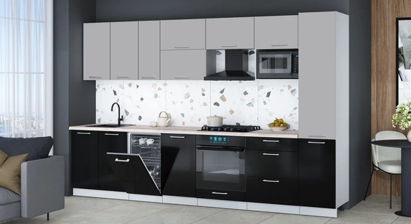 Изображение товара Кухонный гарнитур Интерлиния Мила Gloss 3.3-ПМ4 (черный глянец/грей/бискайская сосна)
