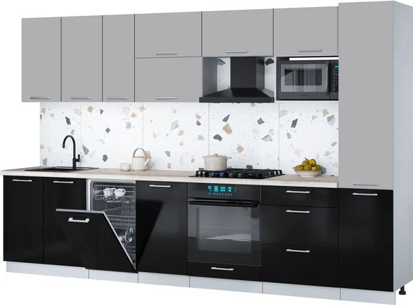 Изображение товара Кухонный гарнитур Интерлиния Мила Gloss 3.3-ПМ4 (черный глянец/грей/бискайская сосна)