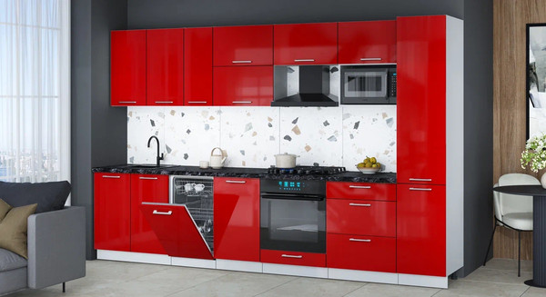 Изображение товара Кухонный гарнитур Интерлиния Мила Gloss 3.3-ПМ4 (красный глянец/красный глянец/кастилло темный)