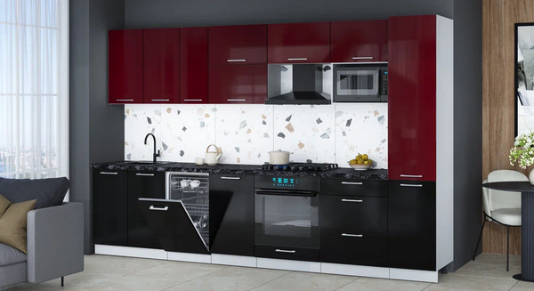 Изображение товара Кухонный гарнитур Интерлиния Мила Gloss 3.3-ПМ4 (черный глянец/бордовый глянец/кастилло темный)