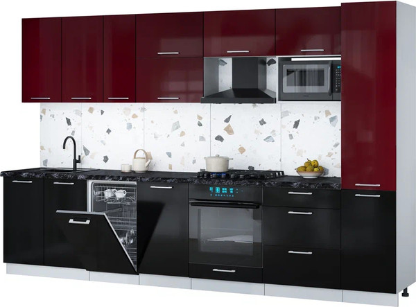 Изображение товара Кухонный гарнитур Интерлиния Мила Gloss 3.3-ПМ4 (черный глянец/бордовый глянец/кастилло темный)
