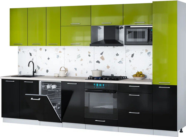 Изображение товара Кухонный гарнитур Интерлиния Мила Gloss 3.3-ПМ4 (черный глянец/яблоко глянец/травертин серый)