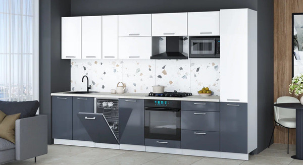Изображение товара Кухонный гарнитур Интерлиния Мила Gloss 3.3-ПМ4 (асфальт глянец/белый/опал светлый)