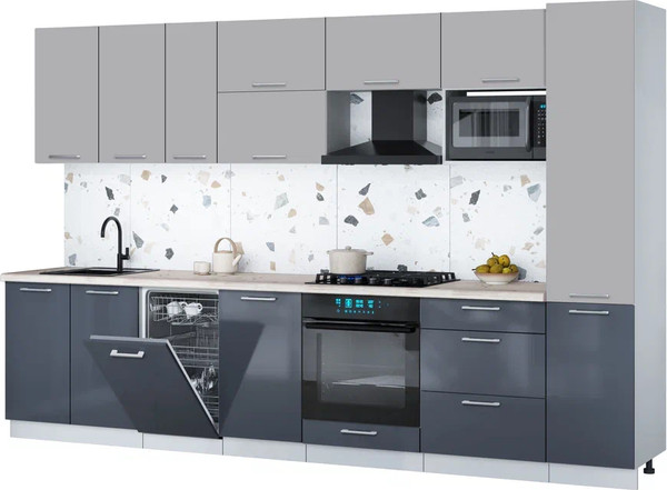Изображение товара Кухонный гарнитур Интерлиния Мила Gloss 3.3-ПМ4 (асфальт глянец/грей/бискайская сосна)