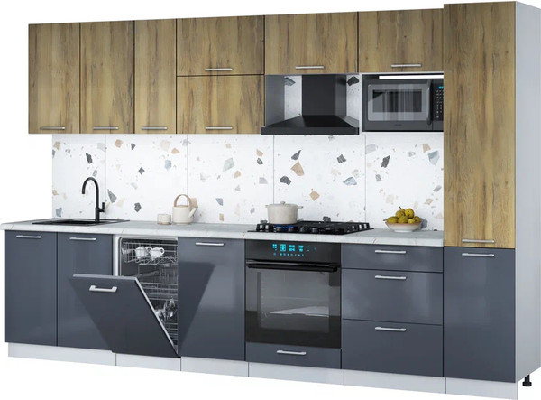 Изображение товара Кухонный гарнитур Интерлиния Мила Gloss 3.3-ПМ4 (асфальт глянец/дуб вотан/серый каспий)