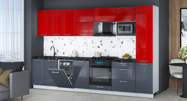 Изображение товара Кухонный гарнитур Интерлиния Мила Gloss 3.3-ПМ4 (асфальт глянец/красный глянец/кастилло темный)