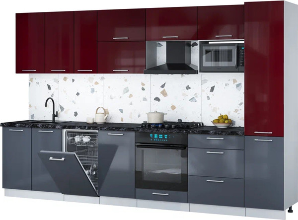 Изображение товара Кухонный гарнитур Интерлиния Мила Gloss 3.3-ПМ4 (асфальт глянец/бордовый глянец/кастилло темный)