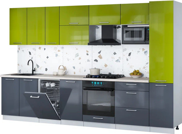 Изображение товара Кухонный гарнитур Интерлиния Мила Gloss 3.3-ПМ4 (асфальт глянец/яблоко глянец/травертин серый)