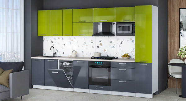 Изображение товара Кухонный гарнитур Интерлиния Мила Gloss 3.3-ПМ4 (асфальт глянец/яблоко глянец/травертин серый)