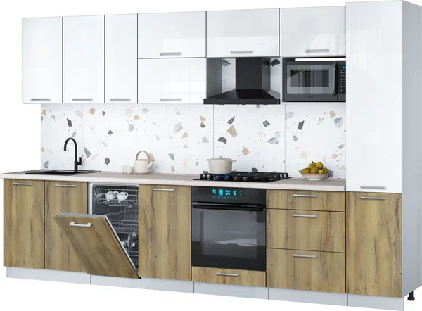 Изображение товара Кухонный гарнитур Интерлиния Мила Gloss 3.3-ПМ4 (дуб вотан/белый глянец/травертин серый)