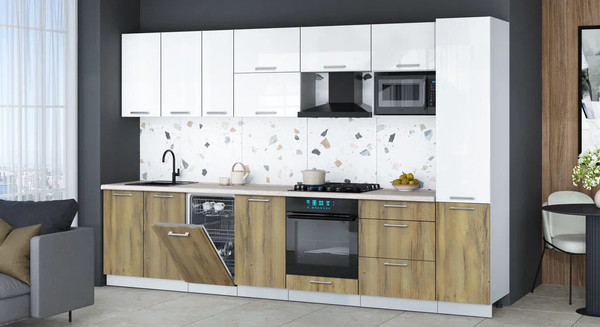 Изображение товара Кухонный гарнитур Интерлиния Мила Gloss 3.3-ПМ4 (дуб вотан/белый глянец/травертин серый)