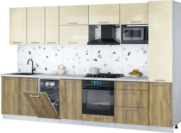 Изображение товара Кухонный гарнитур Интерлиния Мила Gloss 3.3-ПМ4 (дуб вотан/ваниль глянец/серый каспий)