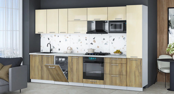 Изображение товара Кухонный гарнитур Интерлиния Мила Gloss 3.3-ПМ4 (дуб вотан/ваниль глянец/серый каспий)