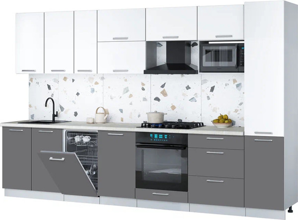 Изображение товара Кухонный гарнитур Интерлиния Мила Gloss 3.3-ПМ4 (серый/белый/опал светлый)