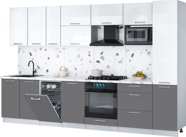 Изображение товара Кухонный гарнитур Интерлиния Мила Gloss 3.3-ПМ4 (серый/белый глянец/белый гранит)