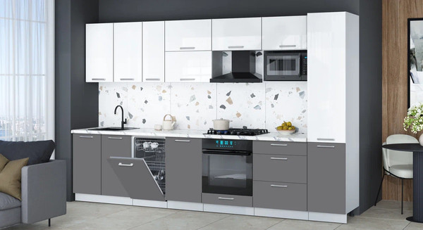 Изображение товара Кухонный гарнитур Интерлиния Мила Gloss 3.3-ПМ4 (серый/белый глянец/белый гранит)