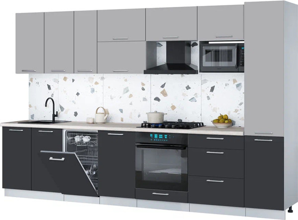 Изображение товара Кухонный гарнитур Интерлиния Мила Gloss 3.3-ПМ4 (пепел/грей/травертин серый)