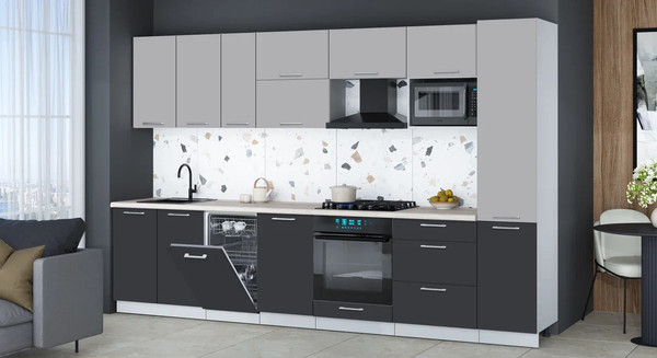 Изображение товара Кухонный гарнитур Интерлиния Мила Gloss 3.3-ПМ4 (пепел/грей/травертин серый)