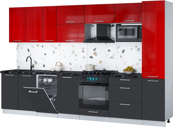 Изображение товара Кухонный гарнитур Интерлиния Мила Gloss 3.3-ПМ4 (пепел/красный глянец/кастилло темный)