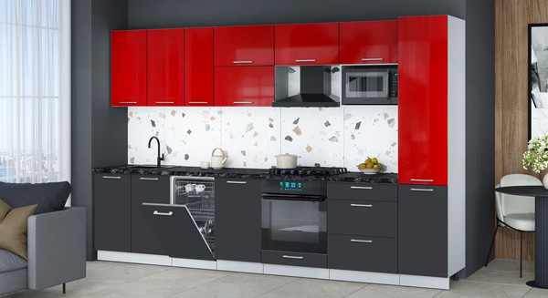 Изображение товара Кухонный гарнитур Интерлиния Мила Gloss 3.3-ПМ4 (пепел/красный глянец/кастилло темный)
