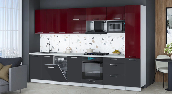 Изображение товара Кухонный гарнитур Интерлиния Мила Gloss 3.3-ПМ4 (пепел/бордовый глянец/серый каспий)